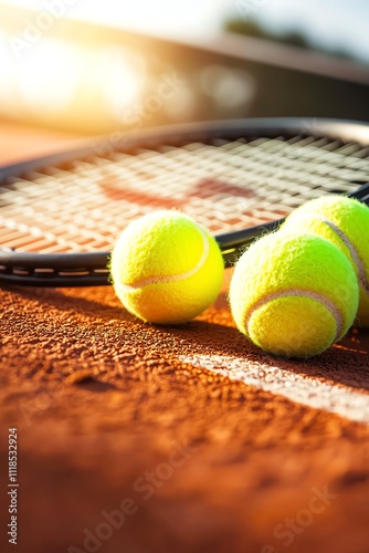 Tennis balls and a racket on the tennis court, with a blurred background of a sunny day, sunlight and shadows
