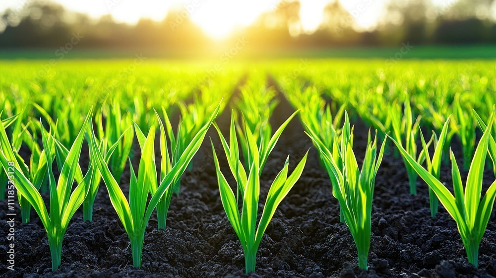 Vibrant Green Field of Young Crops at Sunset Vibrant Green Field of Young Crops at Sunset