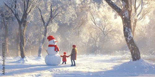 A magical winter landscape of a snowman with a mother and child bonding under the glow of frost-laden trees photo