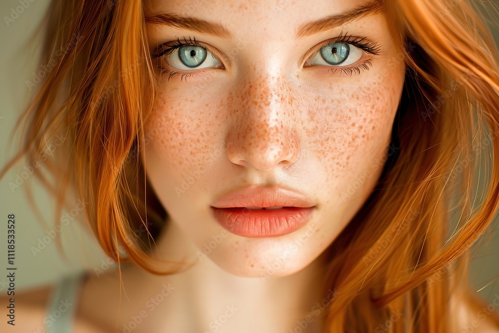 Close-up portrait of a redheaded woman with striking blue eyes and freckles, showcasing natural beauty and elegance. Close-up portrait of a redheaded woman with striking blue eyes and freckles, showcasing natural beauty and elegance.