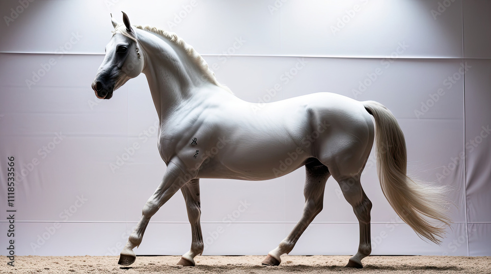 White horse standing in the snow with a white background. White horse standing in the snow with a white background.