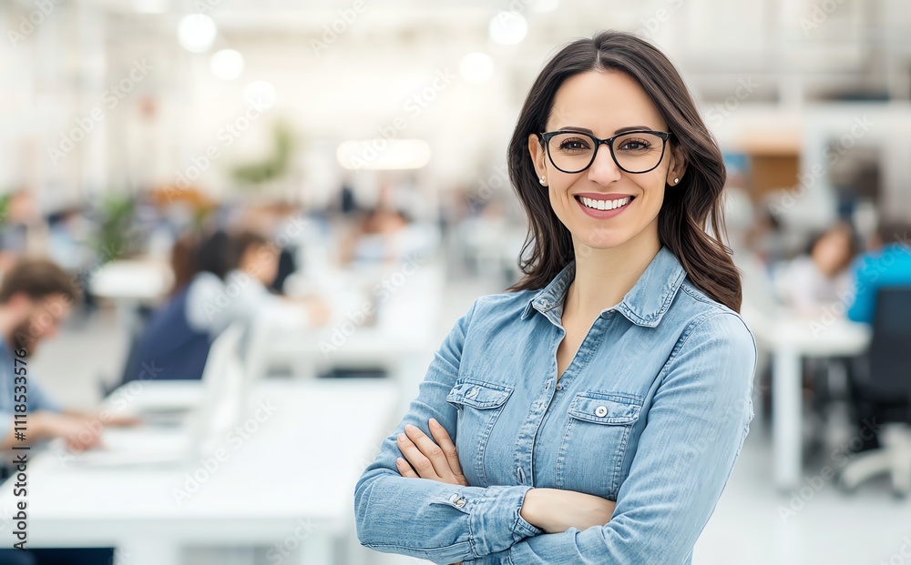 Fototapeta premium A smiling businesswoman stands with her arms crossed in an office filled with people working