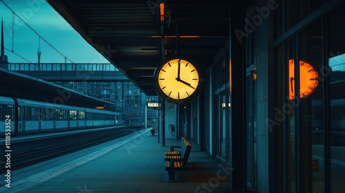 Fototapeta Naklejka Na Ścianę i Meble -  A serene train station at dusk featuring a prominent clock and reflective surfaces.
