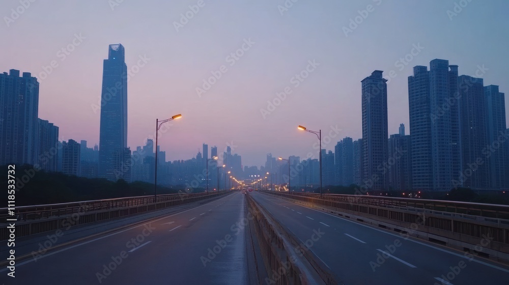Fototapeta premium A serene urban landscape at dawn with a wide road and towering buildings in the background.
