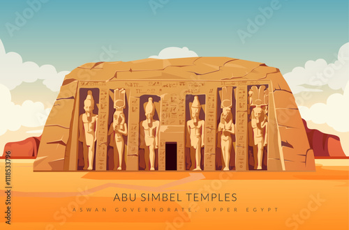 Abu Simbel, a historic site with massive rock-cut temples - Egypt - Stock Illustration