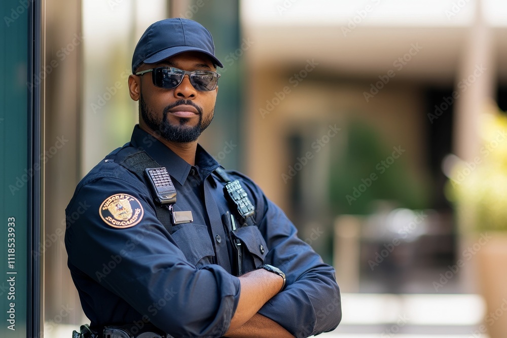 Security officer stands arms crossed, serious expression. Security officer stands arms crossed, serious expression.
