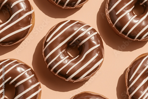 delicious muted mocha brown donuts with shiny glaze repeat pattern on a muted mocha brown background, 2025 color photo