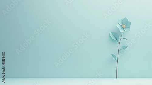 delicate pastel flower stands against soft blue background, creating serene and calming atmosphere. simplicity of design evokes feelings of tranquility and beauty