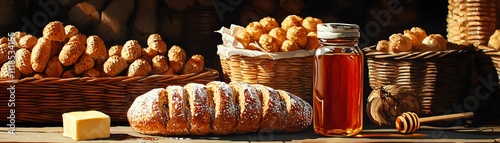 Moroccan khobz bread with honey and butter, framed by a vibrant Marrakech souk backdrop photo