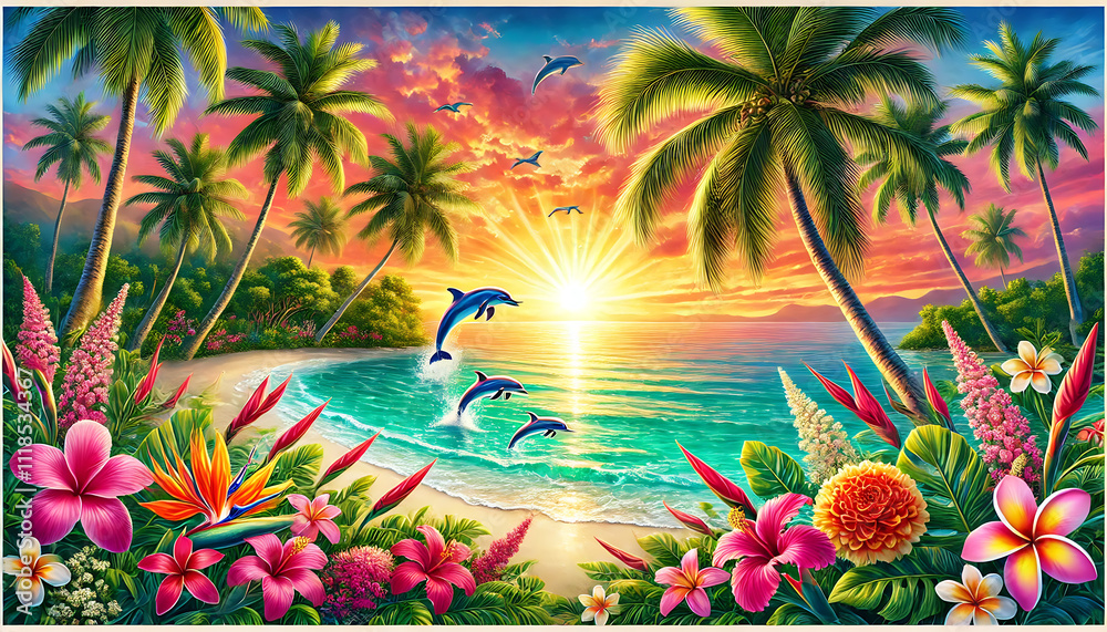Fototapeta premium Tropical Sunrise with Dolphins, Palm Trees, and Vibrant Flowers