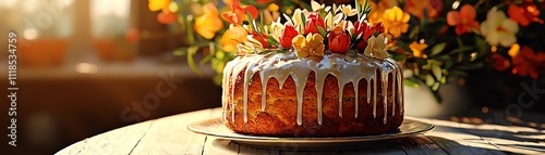 Russian kulich Easter bread with icing, captured in a picturesque rural village setting photo