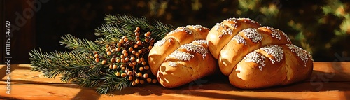 Russian kulich Easter bread with icing, captured in a picturesque rural village setting photo