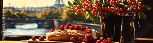 Rustic French baguette filled with brie and berries, served on a wooden board by a tranquil Parisian river scene photo