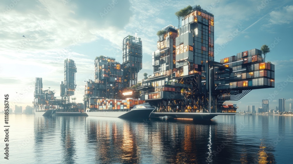 Fototapeta premium Futuristic port city where container ships float above the water on magnetic fields, innovation in maritime transport 