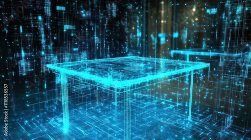 A digital representation of a table in a futuristic, data-driven environment.