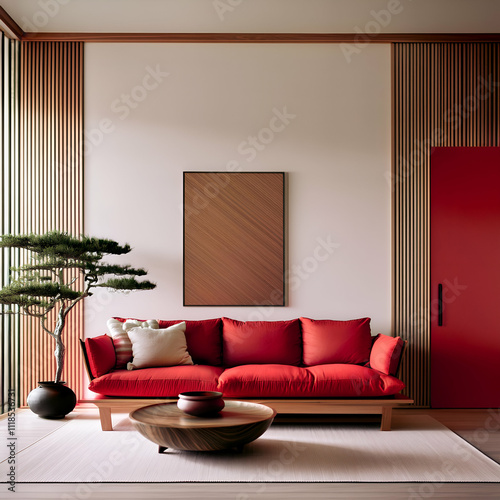 japandi living room, minimalist interior design, red single-seat sofa, modern home decor, scandinavian japanese style, wooden door, cozy space, neutral tones, simple furniture photo