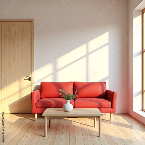 japandi living room, minimalist interior design, red single-seat sofa, modern home decor, scandinavian japanese style, wooden door, cozy space, neutral tones, simple furniture photo