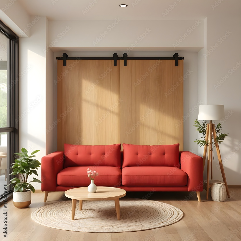 Fototapeta premium japandi living room, minimalist interior design, red single-seat sofa, modern home decor, scandinavian japanese style, wooden door, cozy space, neutral tones, simple furniture