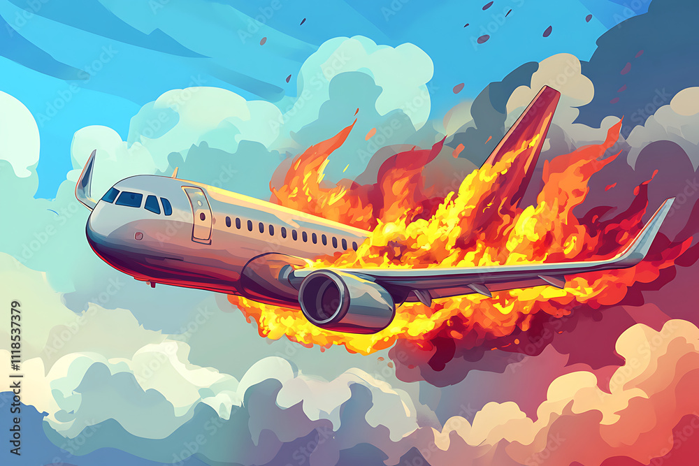 An airplane engulfed in flames amidst a dramatic sky and clouds.