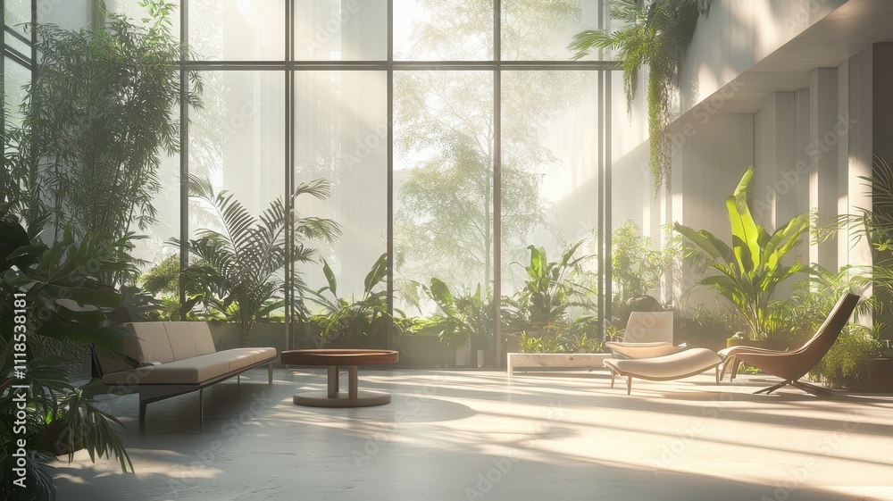 A serene indoor space filled with lush greenery, featuring modern furniture and large windows that allow soft, natural light to fill the room. A serene indoor space filled with lush greenery, featuring modern furniture and large windows that allow soft, natural light to fill the room.