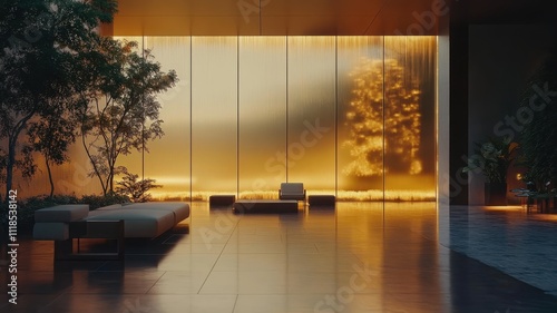 A serene interior space featuring a glowing water wall, elegant seating, and lush greenery, creating a peaceful ambiance.