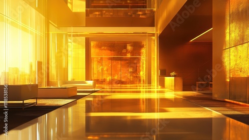 A modern, illuminated lobby with warm golden tones, featuring sleek furniture and a polished floor, creating an inviting and luxurious atmosphere.