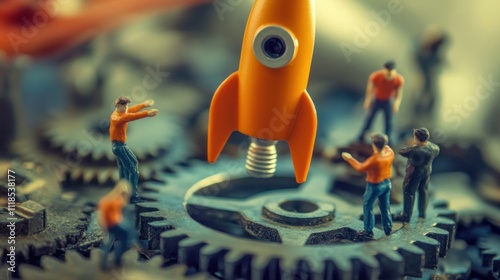 A miniature rocket above gears with tiny figures, symbolizing innovation and teamwork.