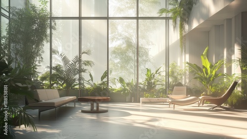 A serene indoor space filled with lush greenery, featuring modern furniture and large windows that allow soft, natural light to fill the room.