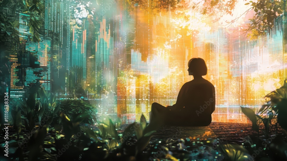 A serene figure sits amidst a vibrant, digital landscape filled with colorful lights and lush greenery, evoking a sense of tranquility and connection to nature. A serene figure sits amidst a vibrant, digital landscape filled with colorful lights and lush greenery, evoking a sense of tranquility and connection to nature.