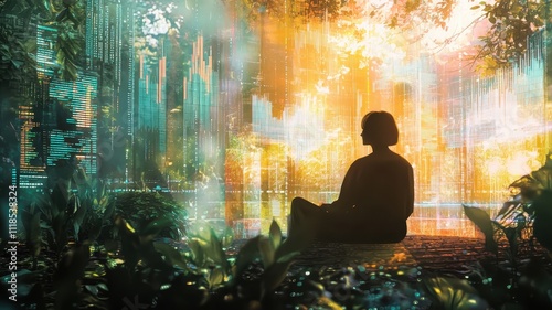 A serene figure sits amidst a vibrant, digital landscape filled with colorful lights and lush greenery, evoking a sense of tranquility and connection to nature.