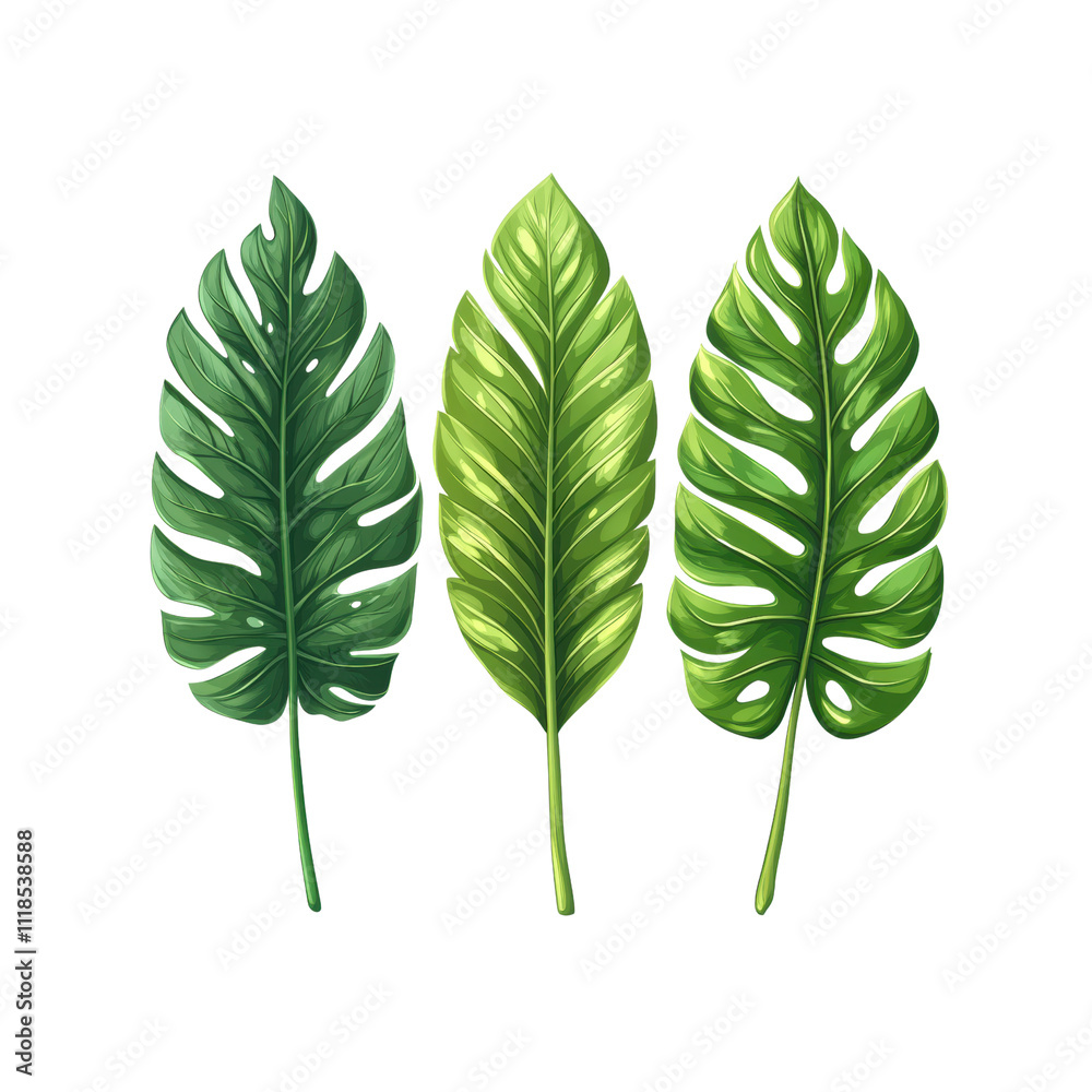 Three tropical leaves in varying shades of green, showcasing their unique shapes and textures, perfect for nature themed designs or backgrounds Three tropical leaves in varying shades of green, showcasing their unique shapes and textures, perfect for nature themed designs or backgrounds