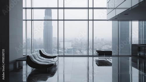 A sleek modern interior with large windows showcasing a cityscape, featuring minimalist furniture and a reflective floor.