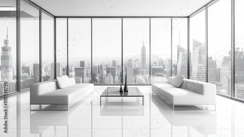 A modern, minimalist living room featuring large glass windows with a city skyline view, sleek furniture, and a bright, airy atmosphere.