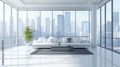 A modern, minimalistic living room with large windows showcasing a stunning city skyline and sleek furniture.