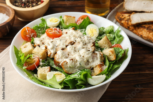 Tasty Caesar salad with chicken and tomatoes in bowl on wooden table, closeup