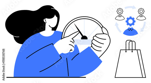 Person adjusting speedometer. Nearby, icons depict workflow with gears and arrows, and a shopping bag is also evident. Ideal for business, productivity, efficiency, online shopping, workflow