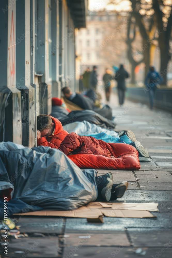 Fototapeta premium Homeless men sleep in sleeping bags on the street, highlighting the harsh realities of urban homelessness.
