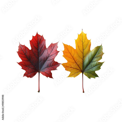 Vibrant red and yellow maple leaves showcasing autumn colors and textures. Perfect for seasonal themes and nature inspired designs photo