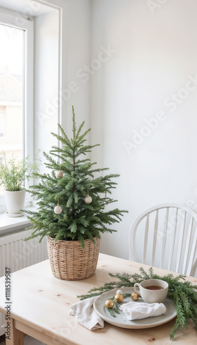 Wallpaper Mural Cozy Christmas decoration with small pine tree and cup of tea on wooden table Torontodigital.ca