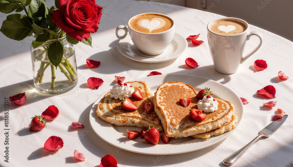 Valentine's Day breakfast with heart-shaped pancakes, coffee, and roses on a table Valentine's Day breakfast with heart-shaped pancakes, coffee, and roses on a table