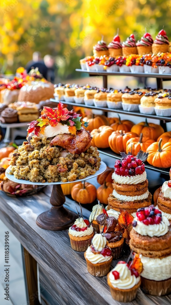 Fototapeta premium A festive Thanksgiving feast featuring a beautifully arranged turkey with stuffing, surrounded by colorful desserts and pumpkins