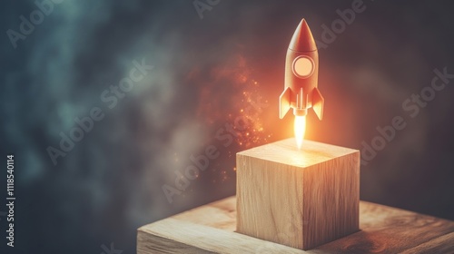 A rocket launching from a wooden block, symbolizing innovation and progress.