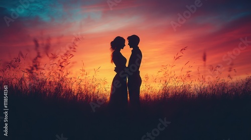 Silhouette of a couple embracing at sunset in a field.