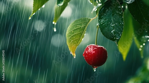 A cherry hangs from a leaf in the rain, showcasing nature's beauty and freshness.