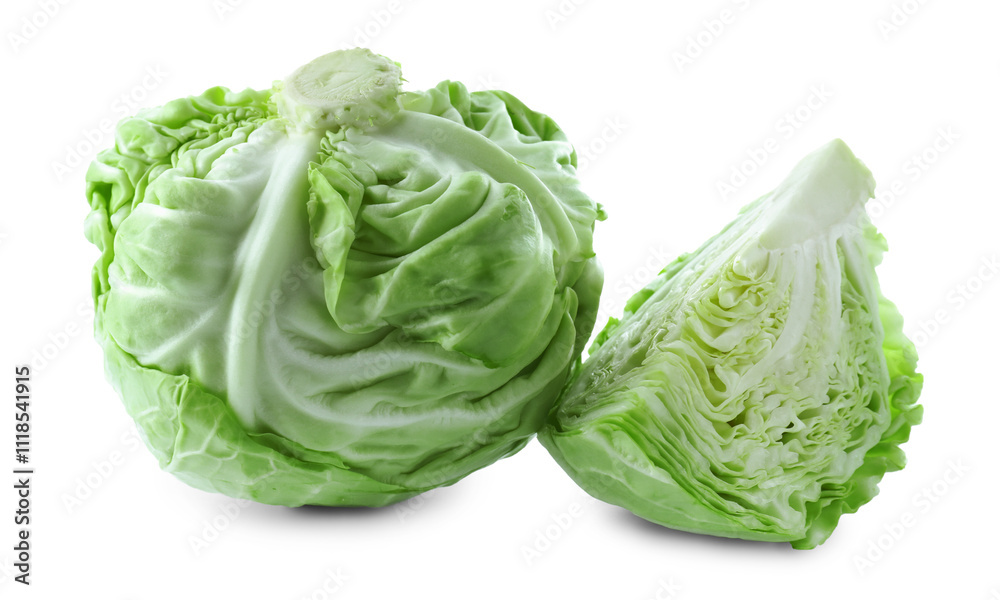 Whole and cut cabbages isolated on white