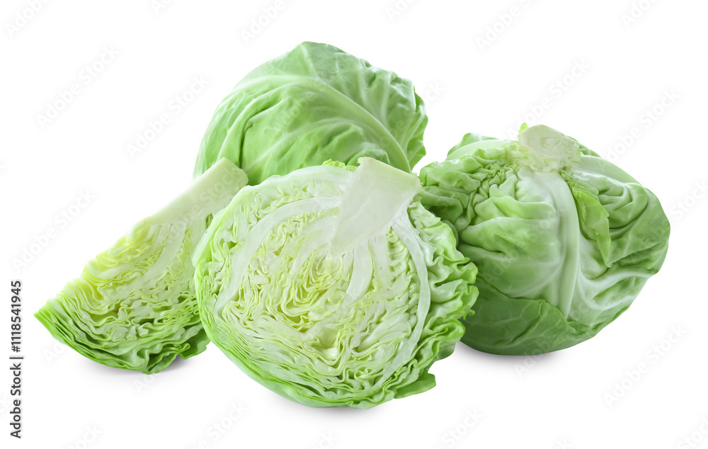 Whole and cut cabbages isolated on white
