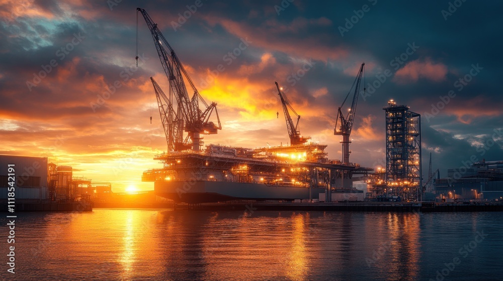 Fototapeta premium Sunset over shipyard with large vessel and cranes.