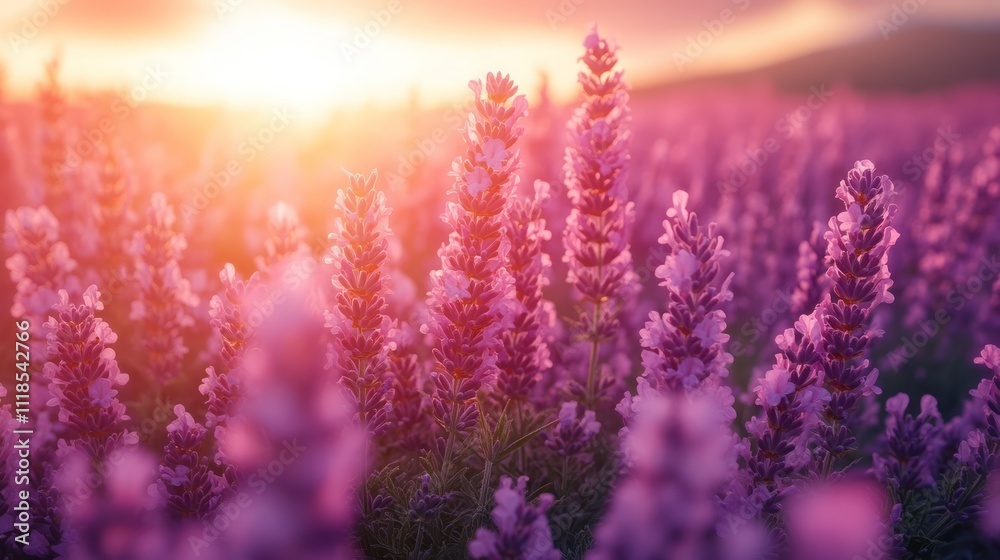 Naklejka premium Sunset over a vibrant lavender field.