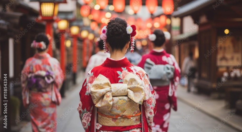 A group of Japanese women dressed in colorful traditional kimonos walk along a Japanese street decorated with red lanterns A group of Japanese women dressed in colorful traditional kimonos walk along a Japanese street decorated with red lanterns