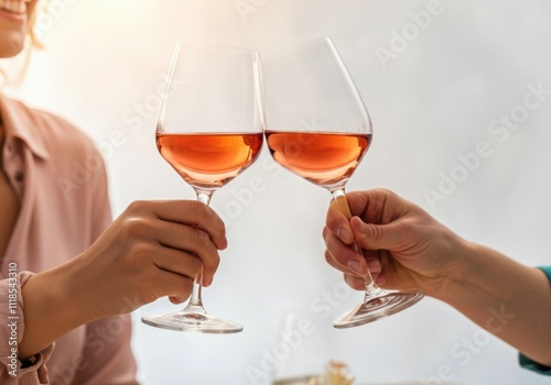 Two women clinking glasses of pink wine in a celebratory toast, with soft natural lighting and a blurred background